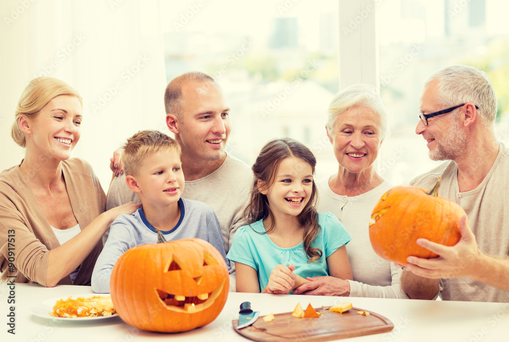 happy family sitting with pumpkins at home happy family sitting with pumpkins at home