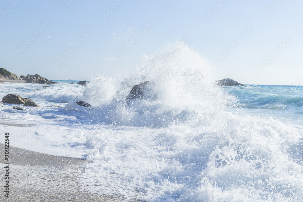 waves, splash, foam, rocks, summer holidays - Lefkada island Greece