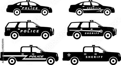 Set of different silhouettes police and sheriff cars. Vector