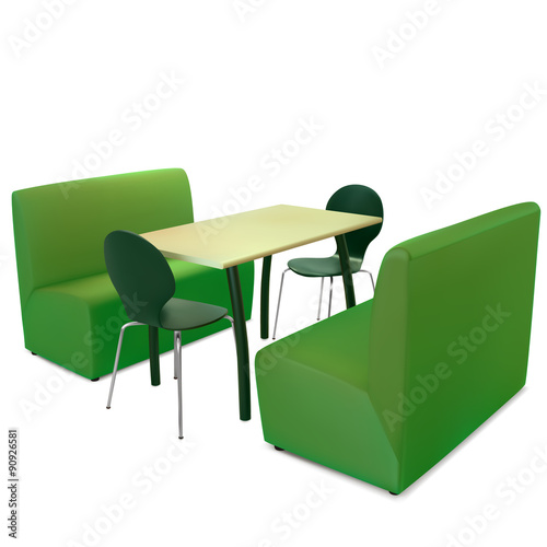 table, chairs and sofas in vegan cafe
