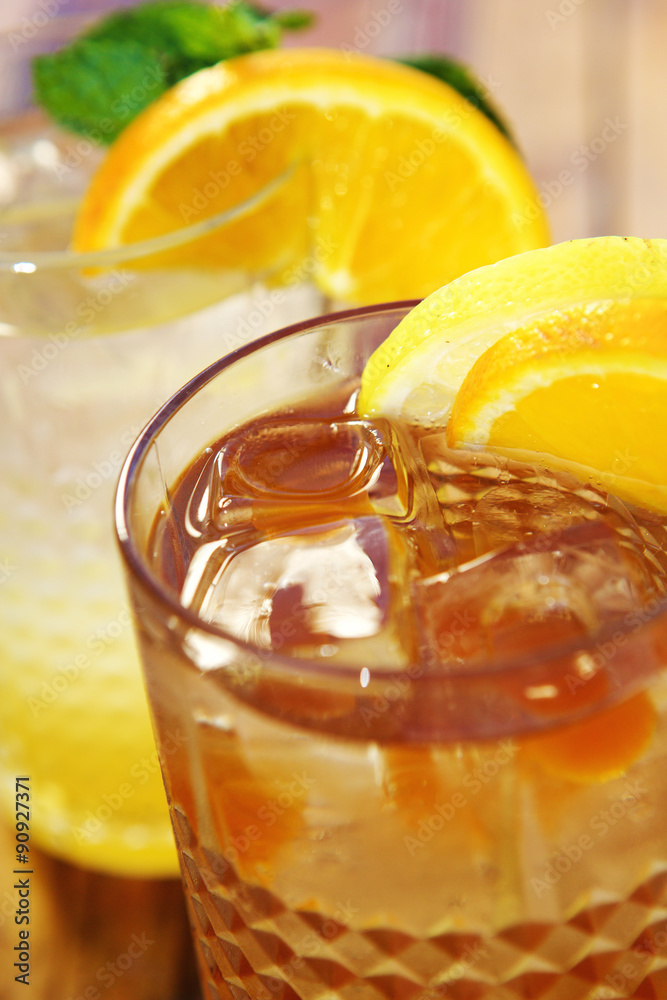 Two ice cold glasses of fruit beverages Two ice cold glasses of fruit beverages