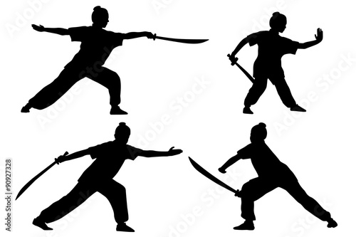 Vector set of silhouettes: girl show Wushu with saber. #90927328