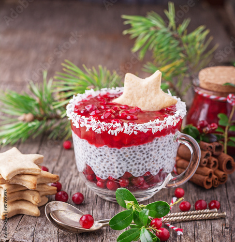 Festive breakfast of cranberry sauce and pudding chia seeds