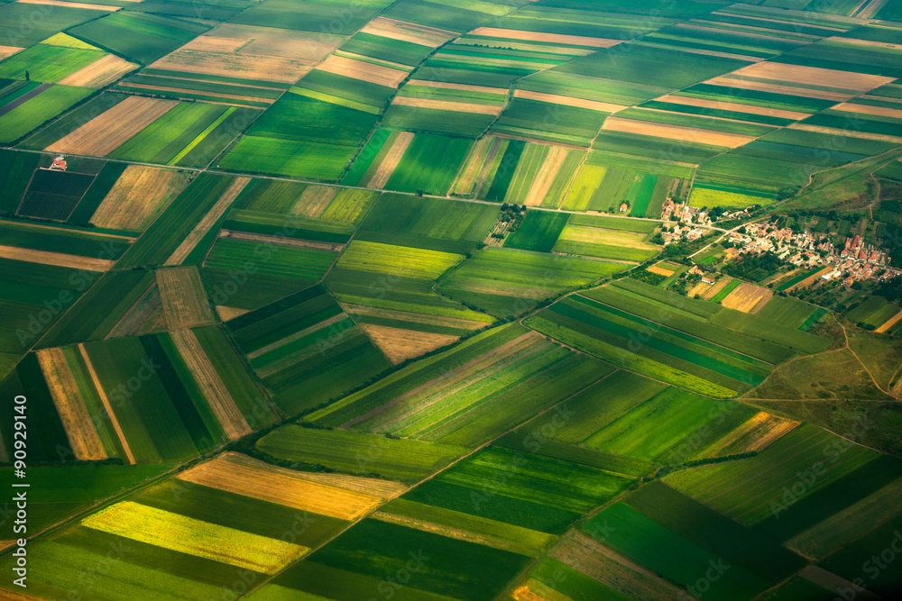 top view aerial photo of settlements and fields - obrazy, fototapety, plakaty 