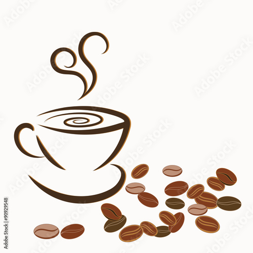 Silhouette of cup of coffee and coffee beans on white background