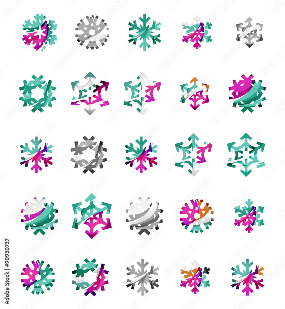 Set of abstract colorful snowflake logo icons, winter concepts