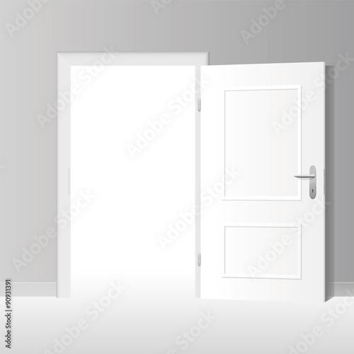 Wide open white door to a bright white room. Vector illustration.