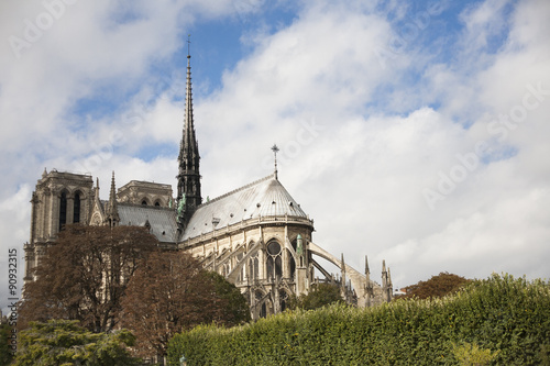 A view of the back of Notre Dame Cathedral in Paris, France.