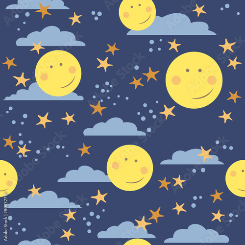 Vector seamless childish pattern with moons  stars and clouds