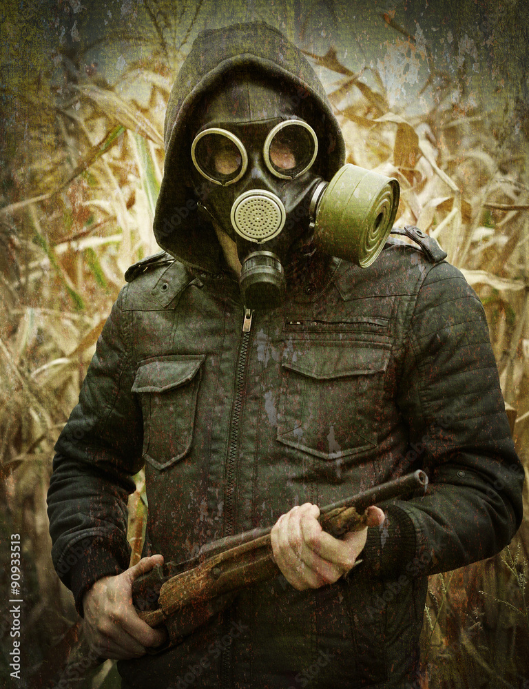 man gas mask gun concept the danger of war rusty grunge background Stock  Photo | Adobe Stock