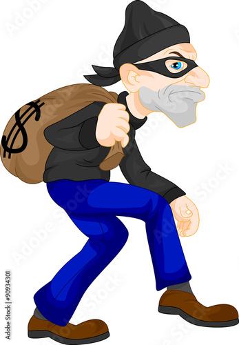 Thief carrying bag of money with a dollar sign