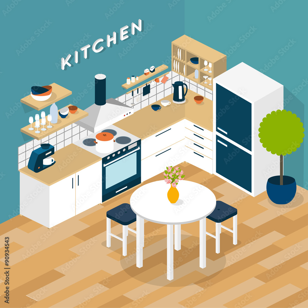 Vector isometric kitchen interior - 3D illustration
