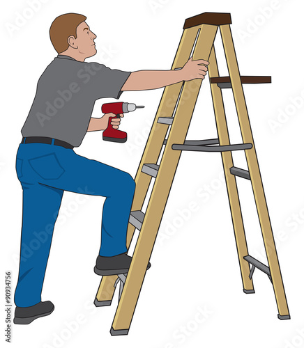 Homeowner climbing a stepladder in order to make a repair with his power tool