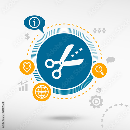 Scissors icon with cut lines and creative design elements