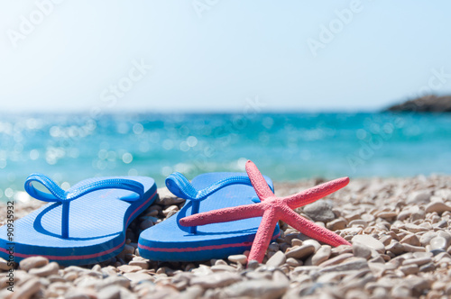 Beach sandals starfish sea summer concept