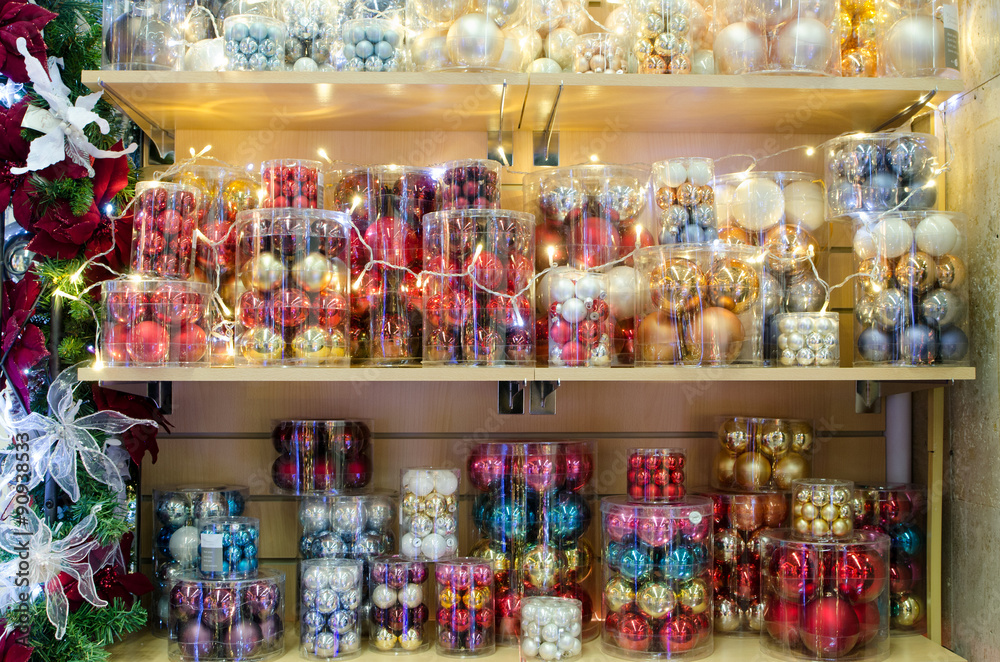 Stand with Christmas decorations Stand with Christmas decorations