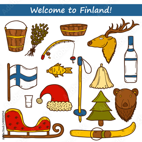 Set of cartoon hand drawn objects on Finland theme: sauna, deer