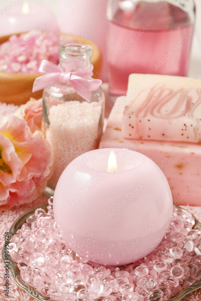 Pink spa set: scented candle, bath caviar, bar of soap and liqui Pink spa set: scented candle, bath caviar, bar of soap and liqui