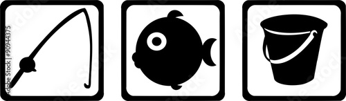 Fishing icons rod fish bucket