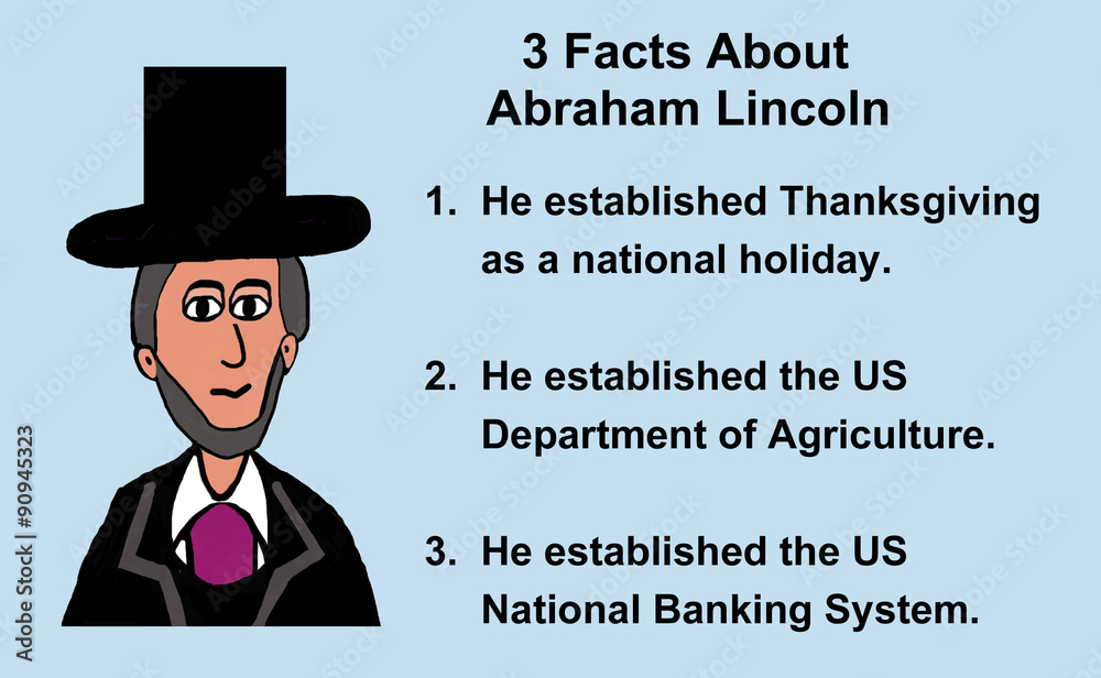 Education image showing a likeness of Abraham Lincoln and '3 facts about Abraham Lincoln... Thanksgiving... US Department of Agriculture... US National Banking System'.