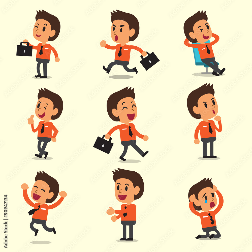Cartoon a businessman character poses on yellow background for design. Cartoon a businessman character poses on yellow background for design.