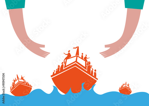 Refugees on Boat Concept. Hands helping Migrants Crossing the rough seas. 
