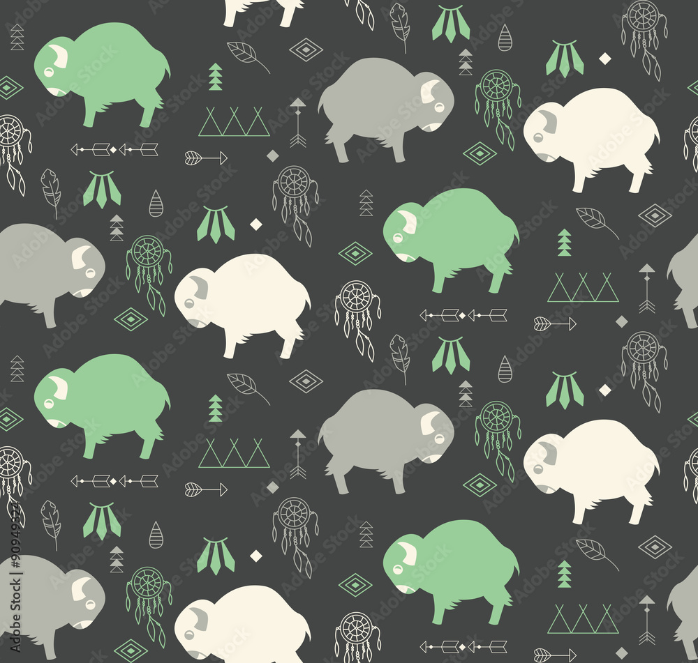 Seamless pattern with cute baby buffaloes and native American sy
