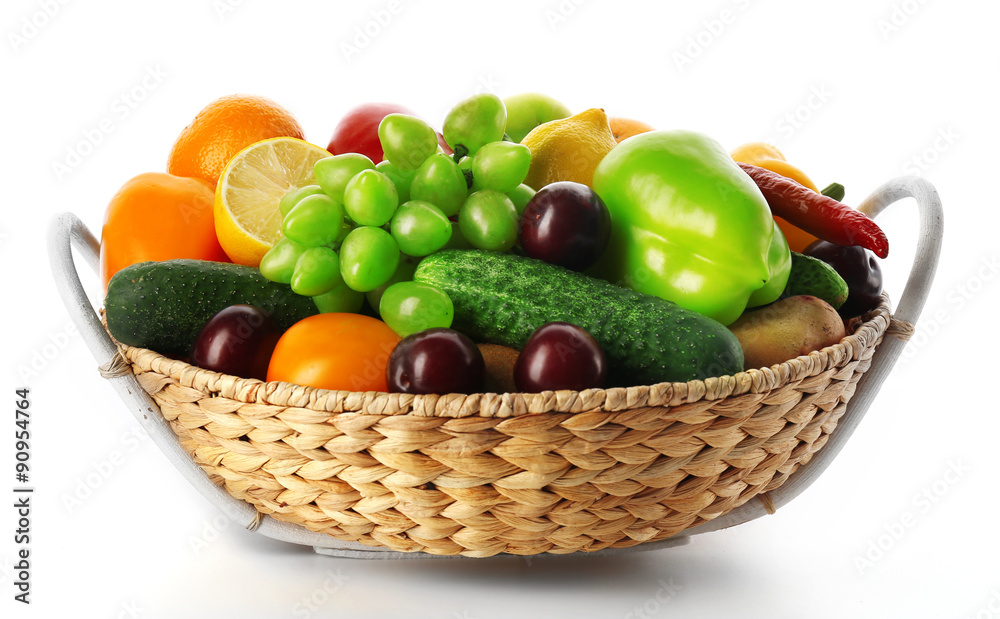 Fresh vegetables and fruits  isolated on white