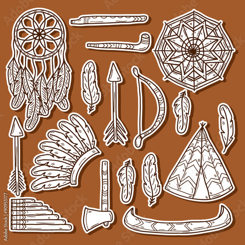 Set of cartoon hand drawn stickers on theme: tomahawk