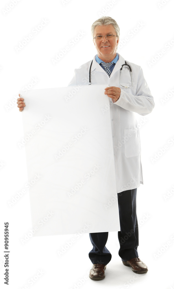 Doctor holding blank card board isolated on white Doctor holding blank card board isolated on white