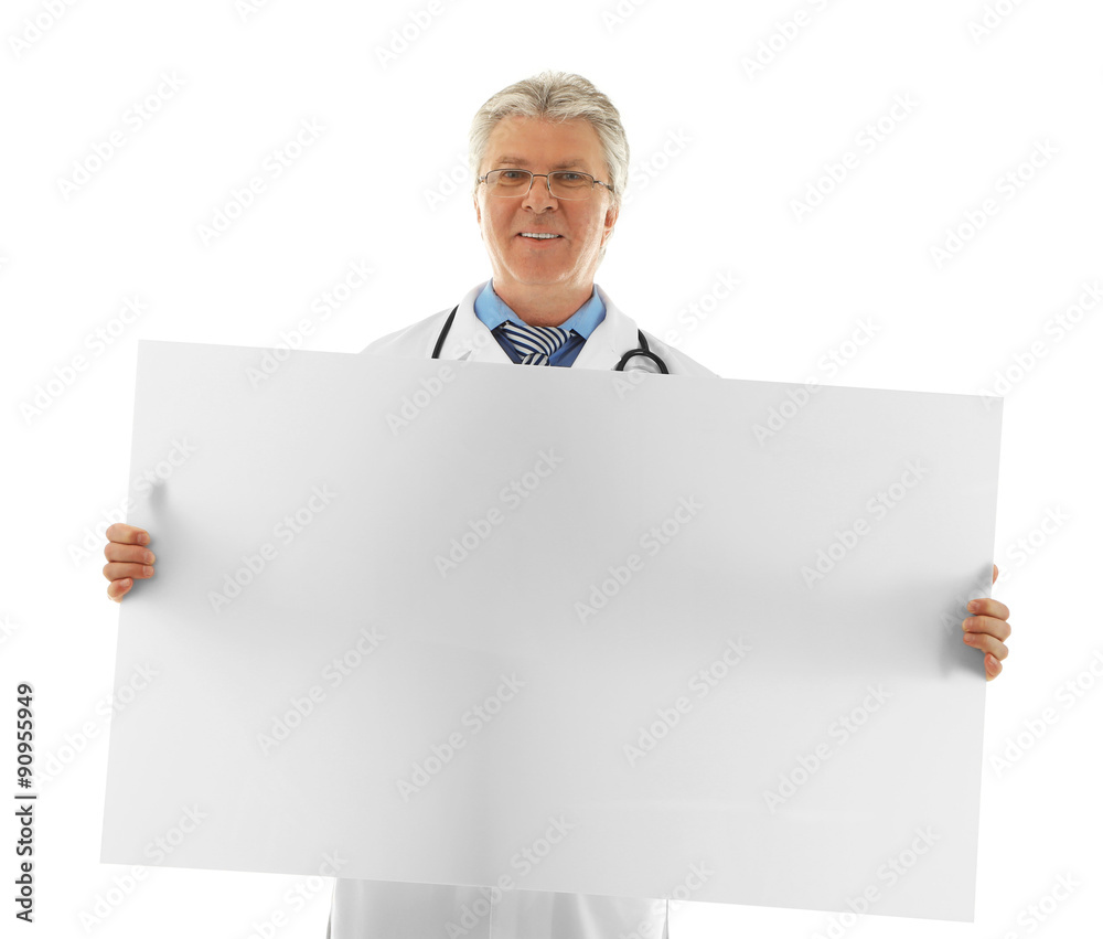 Doctor holding blank card board isolated on white Doctor holding blank card board isolated on white
