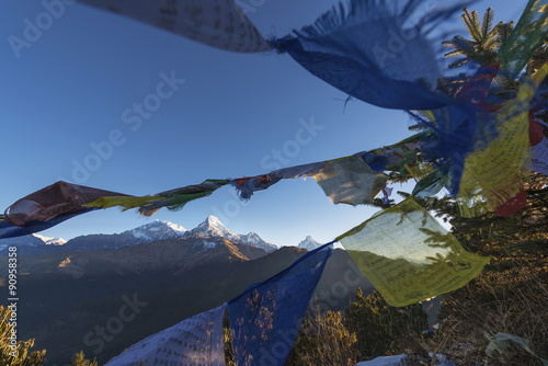 Tibetan Flags and Annapurna from Poon Hill , Nepal
