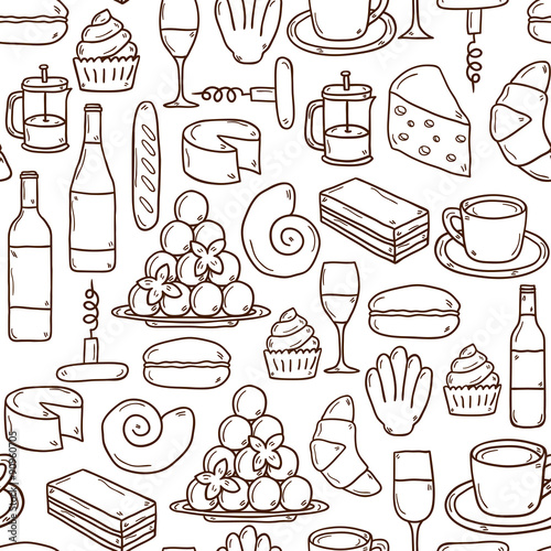 Seamless background with cartoon cute hand drawn objects on