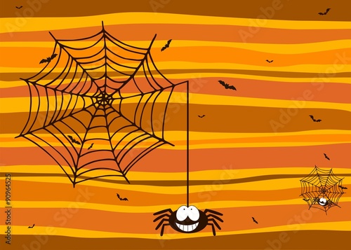 Halloween background with smiling spider, spiderweb and bats