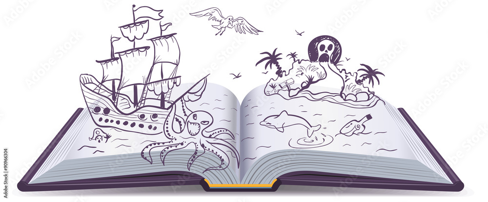 Obraz premium Otwarta książka Przygoda. Skarby, piraci, żaglowce, przygoda. Czytanie fantazji
