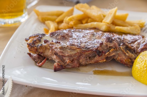 beef steak, potatoes, lemon, table, Greece