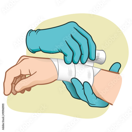 Fotografie, Tablou Illustration first aid hands doing dressing bandage