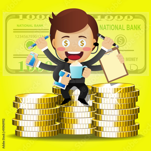 businessman with many arms and stack of big golden coins