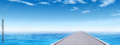 Conceptual wood deck pier on sea water banner
