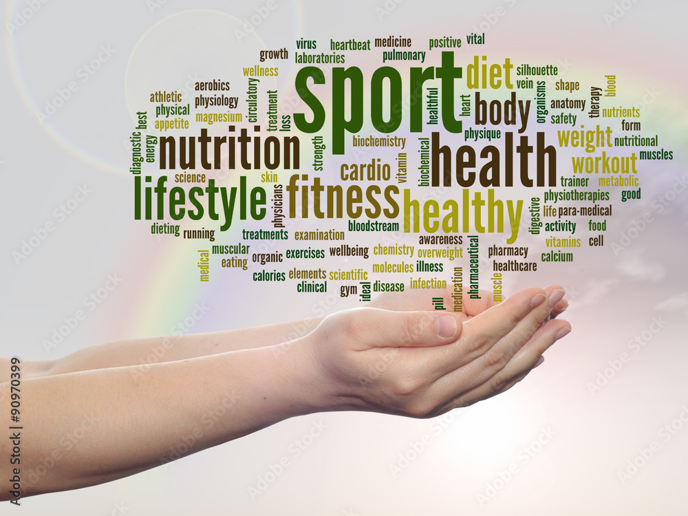 Conceptual health word cloud over rainbow Conceptual health word cloud over rainbow