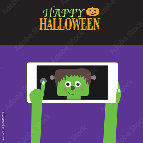 Happy Halloween background with smartphone and little monster se