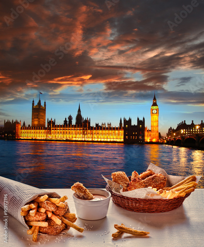 Photography Fish and Chips against Big Ben in London, England