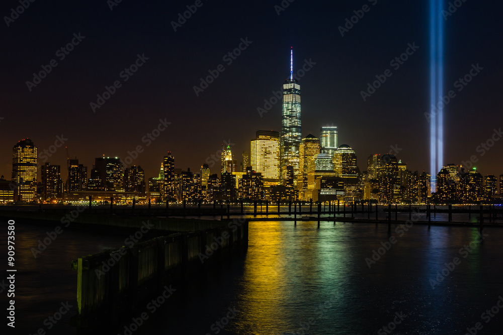Modern New York night skyline, including the Freedom Tower