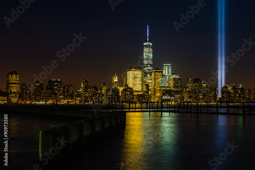 Modern New York night skyline  including the Freedom Tower