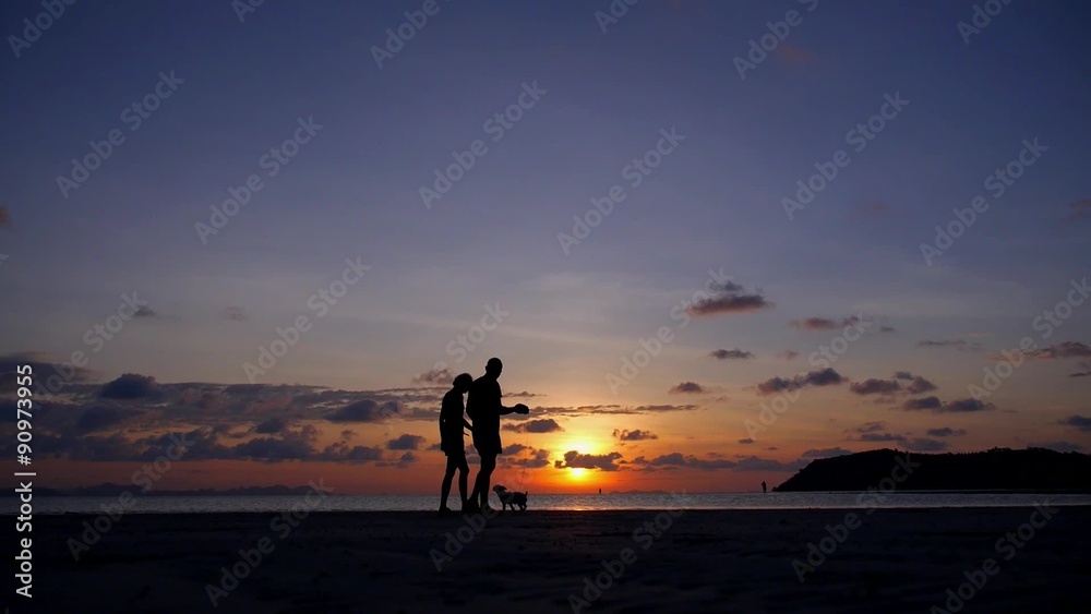 Happy Couple Walking with Dog at Sunset. Slow Motion. Happy Couple Walking with Dog at Sunset. Slow Motion.