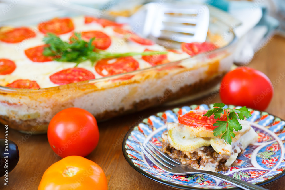 moussaka with minced meat close view moussaka with minced meat close view