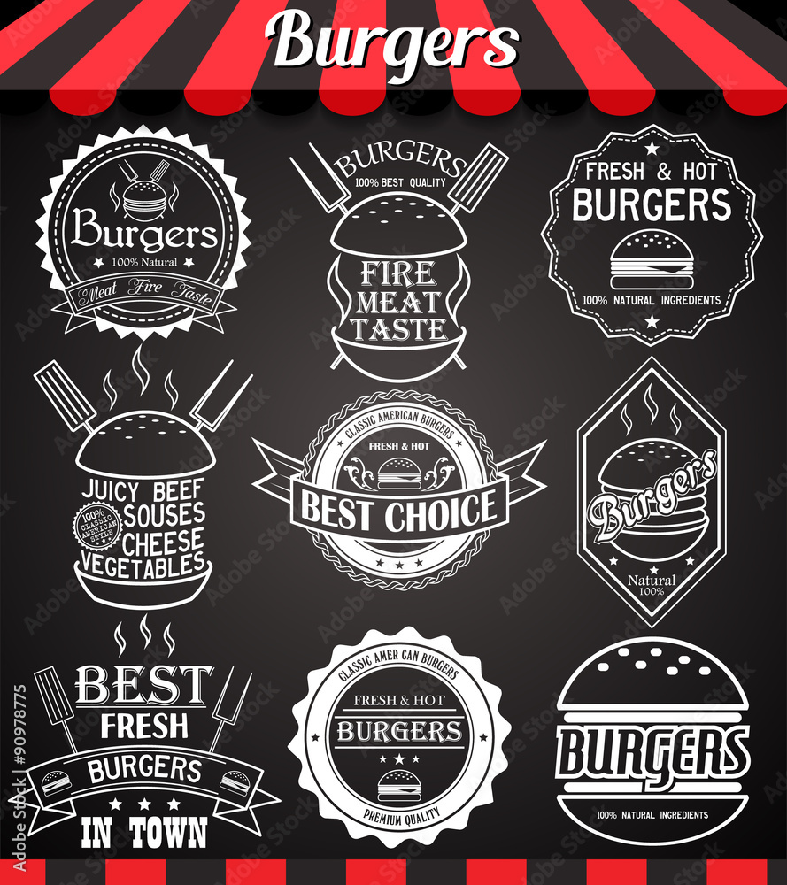 White set burger icons, labels, signs, symbols and badges