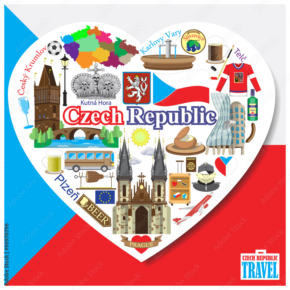 Czech Republic love. Vector icons and symbols set of landmarks Stock