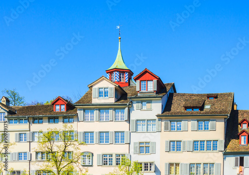 Unique building and roof top with blue sky in summertime in Zurich, Switzerland 