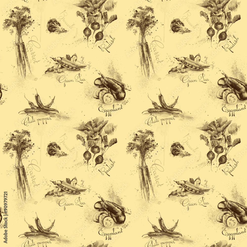 Fototapeta premium Seamless pattern with carrot, chili pepper, broccoli, radish, eggplant, peas. Watercolor illustration. Hand drawn. Delicious vegetables. Monochrome.